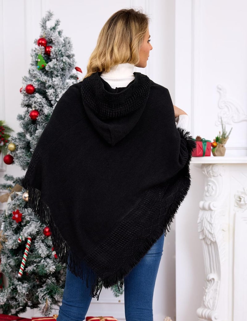 Ferand Ladies' Hooded Cape with Fringed Hem, Crochet Poncho Knitting Patterns for Women, Black - Image 3